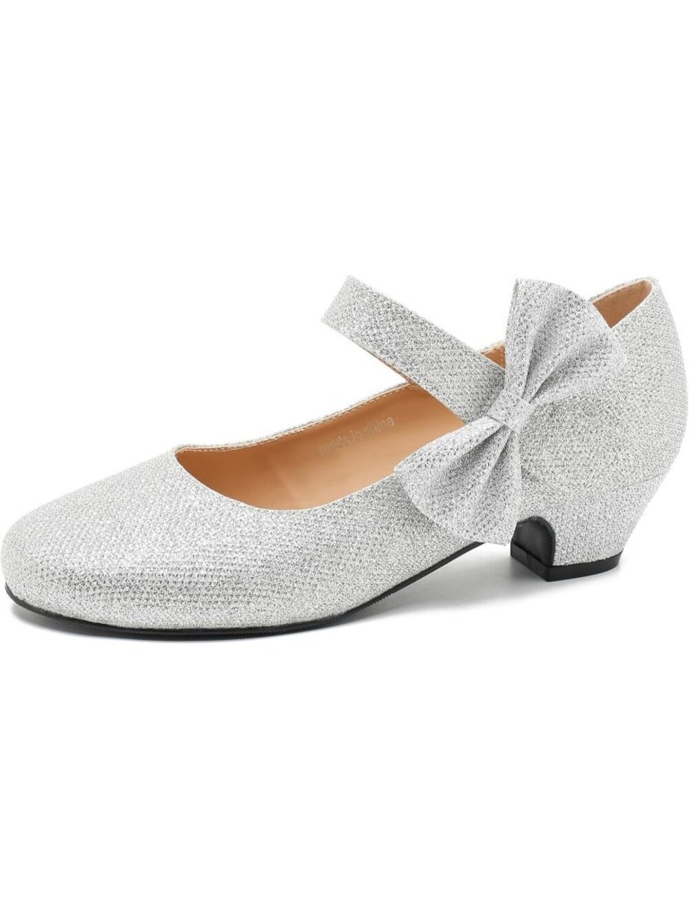 Women's Silver Glitter Low Block Heel with Side Bowknot Round Toe Wedding Shoes